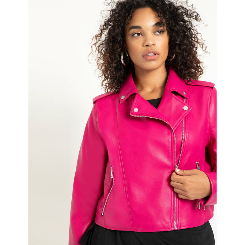 Belted Faux Leather Moto Jacket - Pink