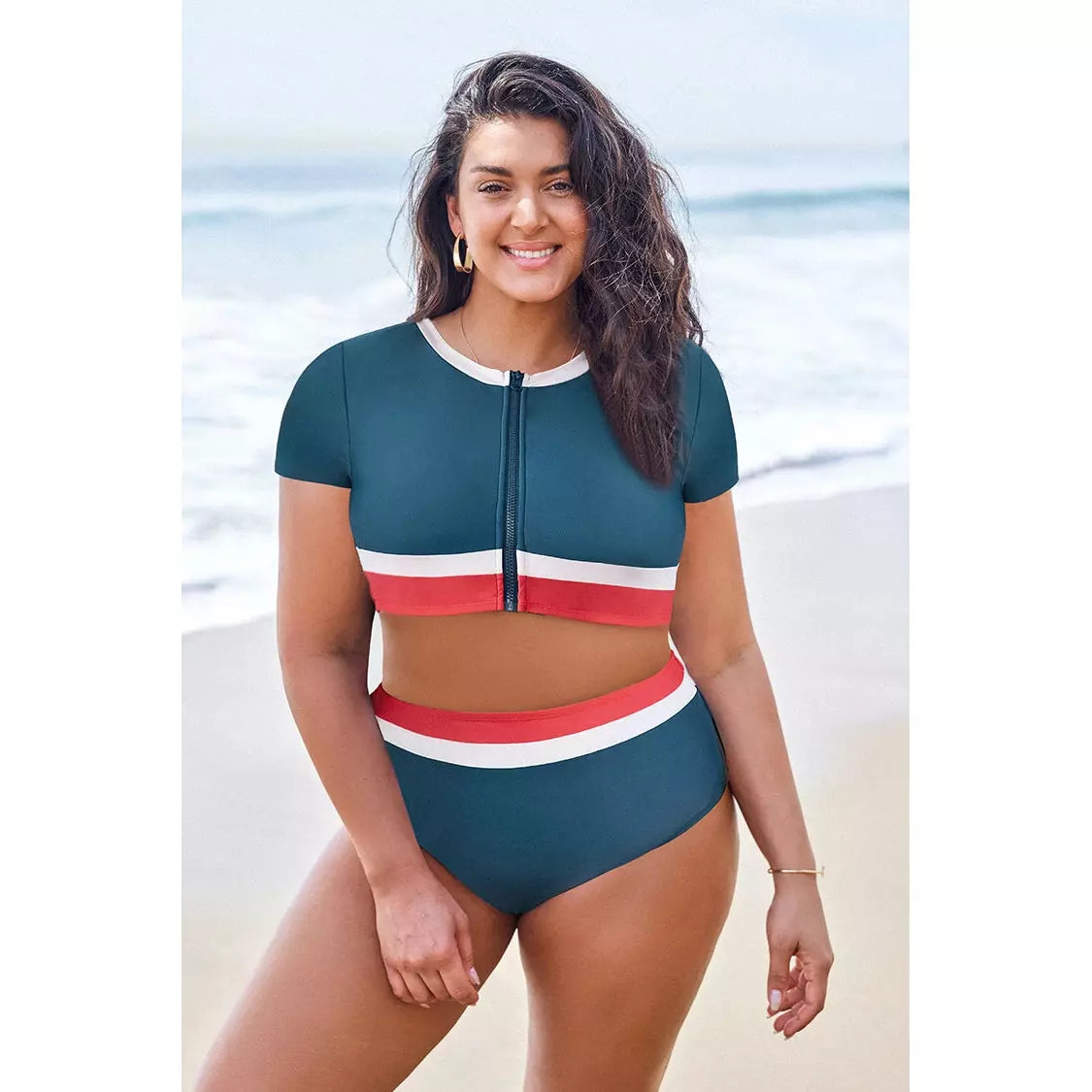 4th of July Shining Sea Zip Up Crop Top & Banded High Waist Bikini