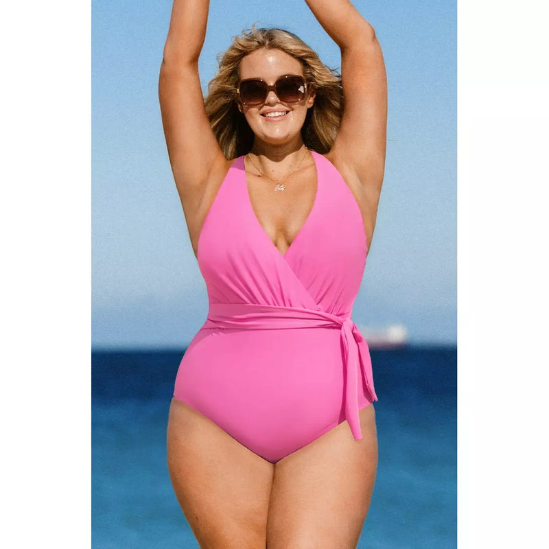 Summer Dreaming Surplice Pink Halter One Piece Swimsuit