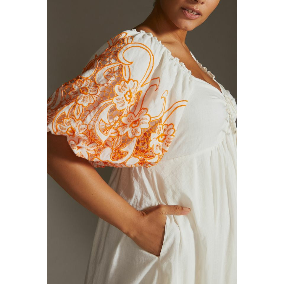 Anthropologie Tina Puff-Sleeved Embroidered Maxi Dress