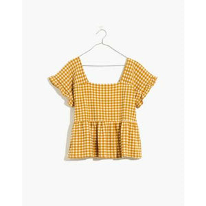 Gingham Knit Ruffle-Hem Top