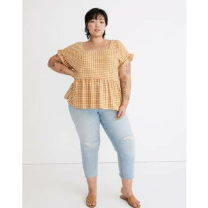 Gingham Knit Ruffle-Hem Top