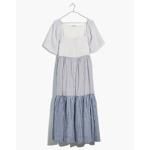 Madewell Patchwork Gingham Button-Front Tiered Midi Dress