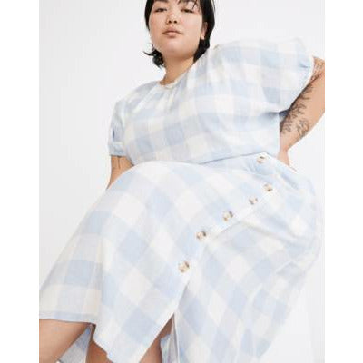 Linen Blend Side Button Midi Skirt Gingham Check
